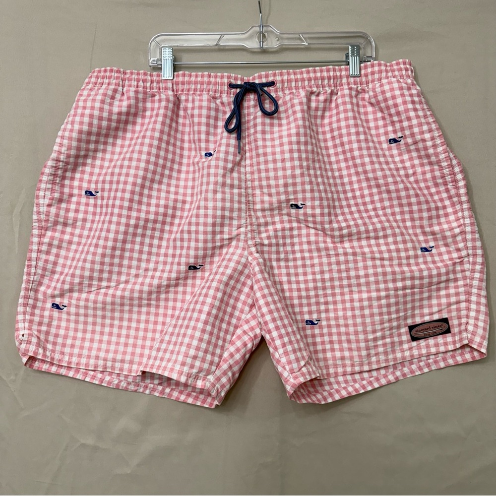 Vineyard Vines Mens XXL Pink Gingham Whale Swim Trunks Shorts Lined 6 Inch